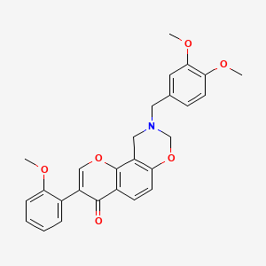 molecular formula C27H25NO6 B2635213 9-(3,4-dimethoxybenzyl)-3-(2-methoxyphenyl)-9,10-dihydrochromeno[8,7-e][1,3]oxazin-4(8H)-one CAS No. 929512-87-8