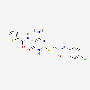 molecular formula C17H14ClN5O3S2 B2635230 N-(4-amino-2-((2-((4-chlorophenyl)amino)-2-oxoethyl)thio)-6-oxo-1,6-dihydropyrimidin-5-yl)thiophene-2-carboxamide CAS No. 868225-54-1