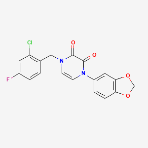 molecular formula C18H12ClFN2O4 B2635242 1-(1,3-Benzodioxol-5-yl)-4-[(2-chloro-4-fluorophenyl)methyl]pyrazine-2,3-dione CAS No. 898438-20-5