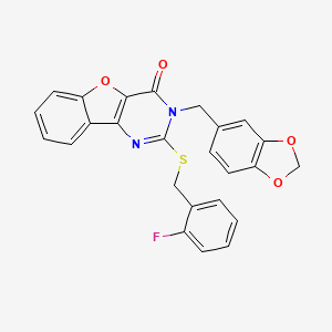 molecular formula C25H17FN2O4S B2635243 3-(1,3-benzodioxol-5-ylmethyl)-2-[(2-fluorobenzyl)sulfanyl][1]benzofuro[3,2-d]pyrimidin-4(3H)-one CAS No. 1291835-86-3