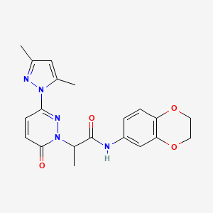 molecular formula C20H21N5O4 B2635269 N-(2,3-二氢苯并[b][1,4]二氧杂环-6-基)-2-(3-(3,5-二甲基-1H-吡唑-1-基)-6-氧代嘧啶并[1(6H)]-基)丙酰胺 CAS No. 1334372-24-5