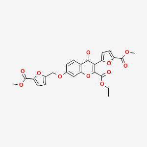 molecular formula C25H20O11 B2635278 ethyl 3-[5-(methoxycarbonyl)furan-2-yl]-7-{[5-(methoxycarbonyl)furan-2-yl]methoxy}-4-oxo-4H-chromene-2-carboxylate CAS No. 39232-63-8