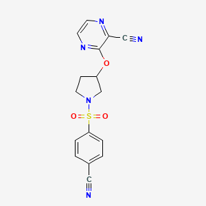 molecular formula C16H13N5O3S B2635299 3-((1-((4-Cyanophenyl)sulfonyl)pyrrolidin-3-yl)oxy)pyrazine-2-carbonitrile CAS No. 2034252-93-0