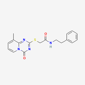 molecular formula C18H18N4O2S B2635324 2-((9-methyl-4-oxo-4H-pyrido[1,2-a][1,3,5]triazin-2-yl)thio)-N-phenethylacetamide CAS No. 896342-47-5