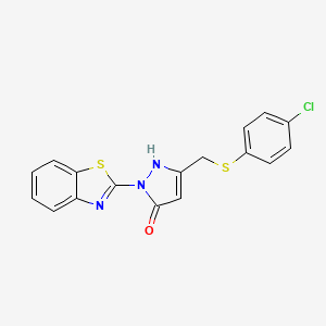 molecular formula C17H12ClN3OS2 B2635501 1-(1,3-Benzothiazol-2-yl)-3-{[(4-chlorophenyl)-thio]methyl}-1H-pyrazol-5-ol CAS No. 355115-25-2