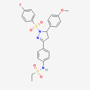 molecular formula C24H24FN3O5S2 B2635615 N-(4-(1-((4-fluorophenyl)sulfonyl)-5-(4-methoxyphenyl)-4,5-dihydro-1H-pyrazol-3-yl)phenyl)ethanesulfonamide CAS No. 838381-07-0