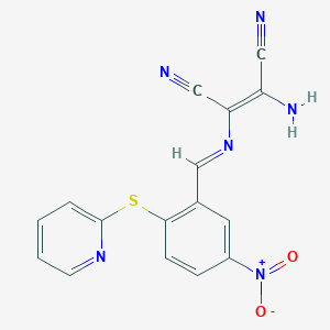 molecular formula C16H10N6O2S B2635622 (Z)-2-氨基-3-[(5-硝基-2-吡啶-2-基硫代苯基)亚甲基氨基]丁-2-烯二腈 CAS No. 1025273-21-5