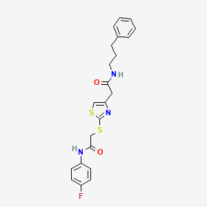molecular formula C22H22FN3O2S2 B2635629 N-(4-氟苯基)-2-((4-(2-氧代-2-((3-苯基丙基)氨基)乙基)噻唑-2-基)硫代)乙酰胺 CAS No. 941874-23-3