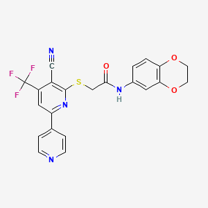 molecular formula C22H15F3N4O3S B2635642 2-[3-cyano-6-pyridin-4-yl-4-(trifluoromethyl)pyridin-2-yl]sulfanyl-N-(2,3-dihydro-1,4-benzodioxin-6-yl)acetamide CAS No. 625378-14-5