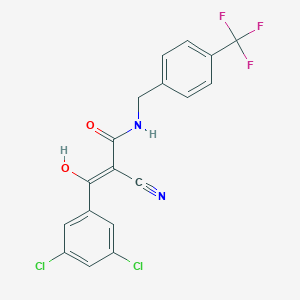 molecular formula C18H11Cl2F3N2O2 B2635812 (Z)-2-Cyano-3-(3,5-dichlorophenyl)-3-hydroxy-N-[[4-(trifluoromethyl)phenyl]methyl]prop-2-enamide CAS No. 2567517-47-7