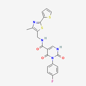 molecular formula C20H15FN4O3S2 B2635919 3-(4-氟苯基)-N-((4-甲基-2-(噻吩-2-基)噻唑-5-基)甲基)-2,4-二氧代-1,2,3,4-四氢嘧啶-5-甲酰胺 CAS No. 1421489-79-3