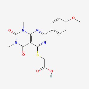 molecular formula C17H16N4O5S B2635926 2-[7-(4-Methoxyphenyl)-1,3-dimethyl-2,4-dioxopyrimido[4,5-d]pyrimidin-5-yl]sulfanylacetic acid CAS No. 852169-37-0