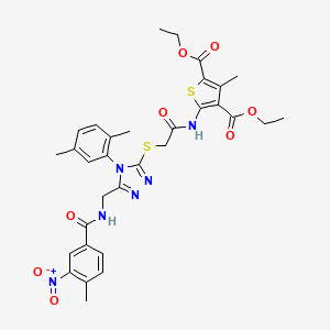molecular formula C32H34N6O8S2 B2635952 diethyl 5-(2-((4-(2,5-dimethylphenyl)-5-((4-methyl-3-nitrobenzamido)methyl)-4H-1,2,4-triazol-3-yl)thio)acetamido)-3-methylthiophene-2,4-dicarboxylate CAS No. 393850-32-3