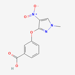molecular formula C11H9N3O5 B2635970 3-((1-Methyl-4-nitro-1H-pyrazol-3-yl)oxy)benzoic acid CAS No. 1429419-12-4