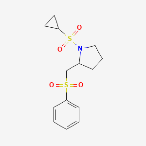 molecular formula C14H19NO4S2 B2635983 1-(Cyclopropylsulfonyl)-2-((phenylsulfonyl)methyl)pyrrolidine CAS No. 1448043-93-3