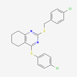 molecular formula C21H18Cl2N2S2 B2636028 2-[(4-Chlorophenyl)methylsulfanyl]-4-(4-chlorophenyl)sulfanyl-5,6,7,8-tetrahydroquinazoline CAS No. 339019-14-6