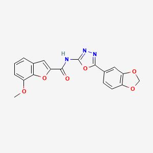molecular formula C19H13N3O6 B2636036 N-(5-(benzo[d][1,3]dioxol-5-yl)-1,3,4-oxadiazol-2-yl)-7-methoxybenzofuran-2-carboxamide CAS No. 922019-08-7
