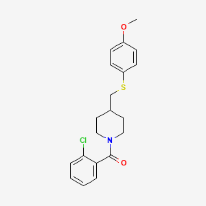 molecular formula C20H22ClNO2S B2636072 (2-氯苯基)(4-(((4-甲氧基苯基)硫代)甲基)哌啶-1-基)甲苯酮 CAS No. 1421516-04-2