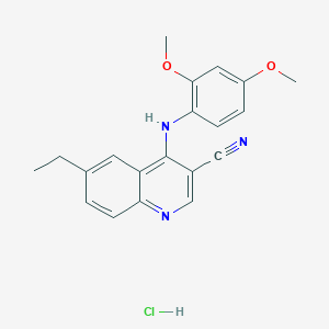 molecular formula C20H20ClN3O2 B2636180 4-((2,4-Dimethoxyphenyl)amino)-6-ethylquinoline-3-carbonitrile hydrochloride CAS No. 1323538-07-3