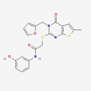 molecular formula C20H17N3O4S2 B2636197 2-[3-(呋喃-2-基甲基)-6-甲基-4-氧代噻吩并[2,3-d]嘧啶-2-基]硫代基-N-(3-羟苯基)乙酰胺 CAS No. 878682-90-7