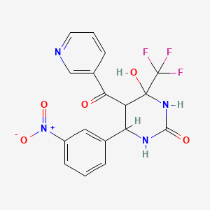 molecular formula C17H13F3N4O5 B2636200 4-羟基-6-(3-硝基苯基)-5-(吡啶-3-羰基)-4-(三氟甲基)-1,3-二氮杂环-2-酮 CAS No. 474260-66-7