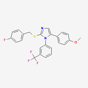 molecular formula C24H18F4N2OS B2636218 2-((4-fluorobenzyl)thio)-5-(4-methoxyphenyl)-1-(3-(trifluoromethyl)phenyl)-1H-imidazole CAS No. 1226443-56-6