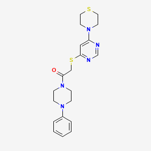 molecular formula C20H25N5OS2 B2636283 1-(4-Phenylpiperazin-1-yl)-2-((6-thiomorpholinopyrimidin-4-yl)thio)ethanone CAS No. 1421525-29-2