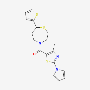 molecular formula C18H19N3OS3 B2636307 (4-methyl-2-(1H-pyrrol-1-yl)thiazol-5-yl)(7-(thiophen-2-yl)-1,4-thiazepan-4-yl)methanone CAS No. 1705214-70-5