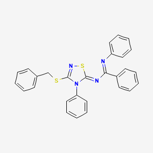 molecular formula C28H22N4S2 B2636323 (E)-N-[(5Z)-3-(benzylsulfanyl)-4-phenyl-4,5-dihydro-1,2,4-thiadiazol-5-ylidene]-N'-phenylbenzenecarboximidamide CAS No. 315242-54-7