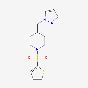 molecular formula C13H17N3O2S2 B2636453 4-((1H-pyrazol-1-yl)methyl)-1-(thiophen-2-ylsulfonyl)piperidine CAS No. 1396811-68-9