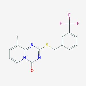 molecular formula C16H12F3N3OS B2636483 9-Methyl-2-((3-(trifluoromethyl)benzyl)sulfanyl)-4H-pyrido[1,2-a](1,3,5)triazin-4-one CAS No. 306978-87-0