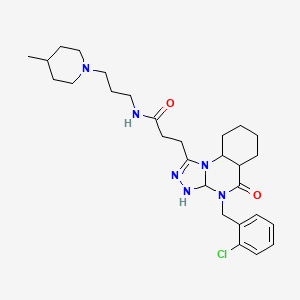 molecular formula C28H33ClN6O2 B2636555 3-{4-[(2-chlorophenyl)methyl]-5-oxo-4H,5H-[1,2,4]triazolo[4,3-a]quinazolin-1-yl}-N-[3-(4-methylpiperidin-1-yl)propyl]propanamide CAS No. 902964-03-8