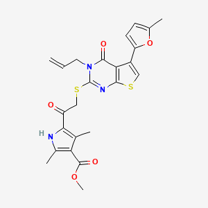 molecular formula C24H23N3O5S2 B2636563 methyl 2,4-dimethyl-5-[2-[5-(5-methylfuran-2-yl)-4-oxo-3-prop-2-enylthieno[2,3-d]pyrimidin-2-yl]sulfanylacetyl]-1H-pyrrole-3-carboxylate CAS No. 380453-65-6