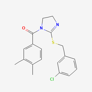 molecular formula C19H19ClN2OS B2636582 (2-((3-chlorobenzyl)thio)-4,5-dihydro-1H-imidazol-1-yl)(3,4-dimethylphenyl)methanone CAS No. 919715-58-5