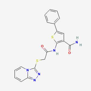 molecular formula C19H15N5O2S2 B2636650 5-Phenyl-2-{[([1,2,4]triazolo[4,3-a]pyridin-3-ylsulfanyl)acetyl]amino}thiophene-3-carboxamide CAS No. 379236-03-0