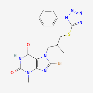 molecular formula C17H17BrN8O2S B2636655 8-溴-3-甲基-7-(2-甲基-3-((1-苯基-1H-四唑-5-基)硫代)丙基)-1H-嘌呤-2,6(3H,7H)-二酮 CAS No. 898429-21-5