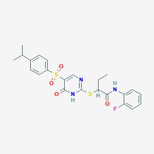 molecular formula C23H24FN3O4S2 B2636663 N-(2-fluorophenyl)-2-((5-((4-isopropylphenyl)sulfonyl)-6-oxo-1,6-dihydropyrimidin-2-yl)thio)butanamide CAS No. 899357-70-1