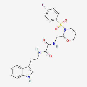 molecular formula C23H25FN4O5S B2636669 N1-(2-(1H-吲哚-3-基)乙基)-N2-((3-((4-氟苯基)磺酰基)-1,3-恶嗪烷-2-基)甲基)草酰胺 CAS No. 869071-74-9