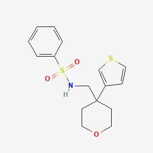 molecular formula C16H19NO3S2 B2636713 N-((4-(thiophen-3-yl)tetrahydro-2H-pyran-4-yl)methyl)benzenesulfonamide CAS No. 2320684-79-3