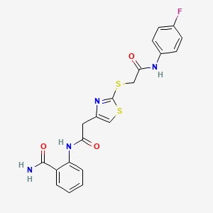 molecular formula C20H17FN4O3S2 B2636739 2-(2-(2-((2-((4-Fluorophenyl)amino)-2-oxoethyl)thio)thiazol-4-yl)acetamido)benzamide CAS No. 941874-54-0