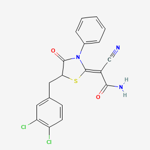 molecular formula C19H13Cl2N3O2S B2636780 (Z)-2-cyano-2-(5-(3,4-dichlorobenzyl)-4-oxo-3-phenylthiazolidin-2-ylidene)acetamide CAS No. 853889-55-1