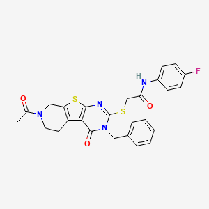 molecular formula C26H23FN4O3S2 B2636838 2-((7-acetyl-3-benzyl-4-oxo-3,4,5,6,7,8-hexahydropyrido[4',3':4,5]thieno[2,3-d]pyrimidin-2-yl)thio)-N-(4-fluorophenyl)acetamide CAS No. 1189971-94-5