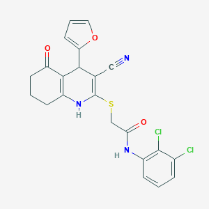 molecular formula C22H17Cl2N3O3S B263687 2-{[3-cyano-4-(2-furyl)-5-oxo-1,4,5,6,7,8-hexahydro-2-quinolinyl]sulfanyl}-N-(2,3-dichlorophenyl)acetamide 