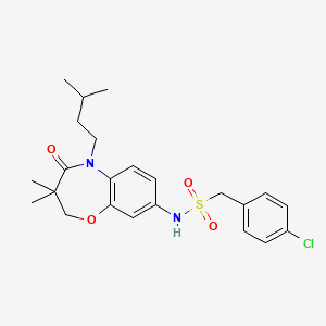 molecular formula C23H29ClN2O4S B2636871 1-(4-chlorophenyl)-N-(5-isopentyl-3,3-dimethyl-4-oxo-2,3,4,5-tetrahydrobenzo[b][1,4]oxazepin-8-yl)methanesulfonamide CAS No. 922076-13-9