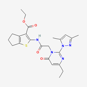 ethyl 2-(2-(2-(3,5-dimethyl-1H-pyrazol-1-yl)-4-ethyl-6-oxopyrimidin-1(6H)-yl)acetamido)-5,6-dihydro-4H-cyclopenta[b]thiophene-3-carboxylate
