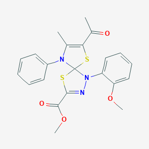 molecular formula C22H21N3O4S2 B263693 Methyl 7-acetyl-1-(2-methoxyphenyl)-8-methyl-9-phenyl-4,6-dithia-1,2,9-triazaspiro[4.4]nona-2,7-diene-3-carboxylate 