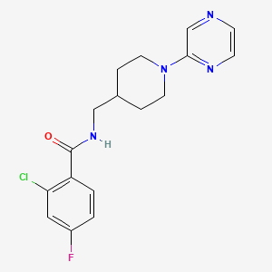 molecular formula C17H18ClFN4O B2636931 2-chloro-4-fluoro-N-((1-(pyrazin-2-yl)piperidin-4-yl)methyl)benzamide CAS No. 1396867-56-3