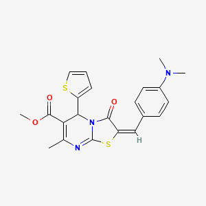 molecular formula C22H21N3O3S2 B2636953 (E)-methyl 2-(4-(dimethylamino)benzylidene)-7-methyl-3-oxo-5-(thiophen-2-yl)-3,5-dihydro-2H-thiazolo[3,2-a]pyrimidine-6-carboxylate CAS No. 324071-35-4