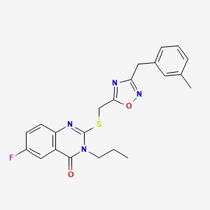 molecular formula C22H21FN4O2S B2637020 6-Fluoro-2-[({3-[(3-methylphenyl)methyl]-1,2,4-oxadiazol-5-yl}methyl)sulfanyl]-3-propyl-3,4-dihydroquinazolin-4-one CAS No. 2309825-78-1