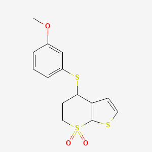 molecular formula C14H14O3S3 B2637086 4-(3-methoxyphenyl)sulfanyl-5,6-dihydro-4H-thieno[2,3-b]thiopyran 7,7-dioxide CAS No. 478067-53-7